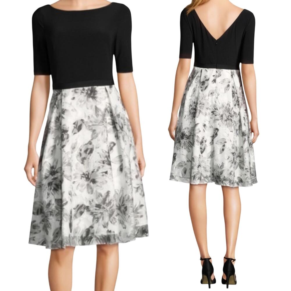 Adrianna Papell Fit & Flare Dress Boatneck Floral Knee Length Skirt Pleated 4